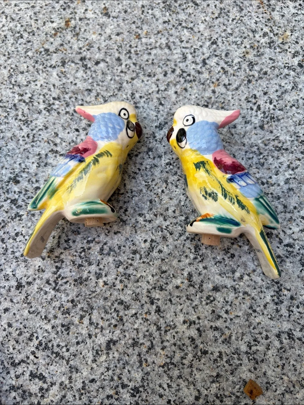 Pair of Ceramic Parakeet Bird salt and pepper shakers in Yellow & Multicolor
